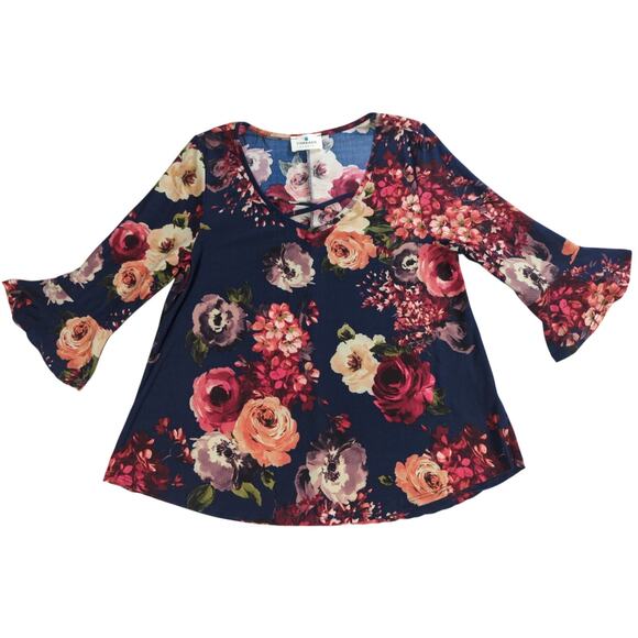Threads Studio Womens Navy Floral Bell Sleeve Top 3/4 Ruffle Shirt Medium - Picture 1 of 10